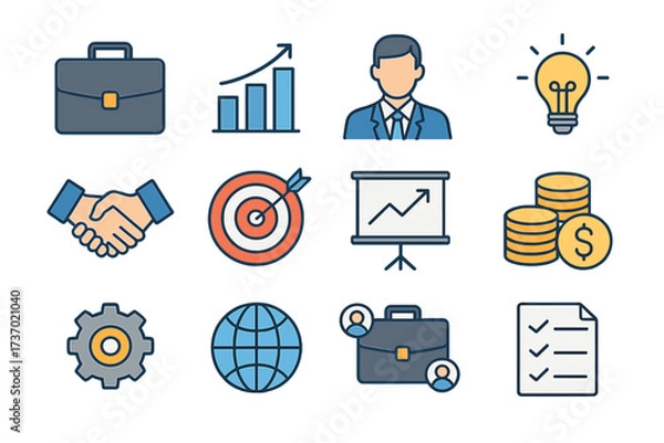 Fototapeta Business and finance vector icon set with briefcase, growth chart, businessman, light bulb, handshake, target, presentation, money, gear, globe, networking, and checklist symbols
