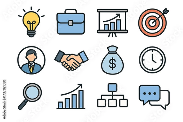 Fototapeta Business and Finance Icon Set with Light Bulb, Briefcase, Growth Chart, Target, Handshake, Money Bag, Clock, Magnifying Glass, Organizational Chart and Chat Bubbles Vector Illustration