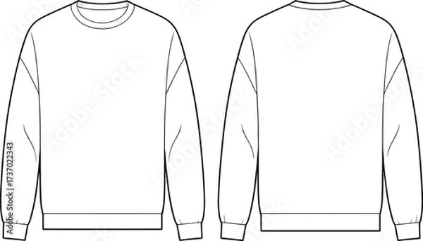 Fototapeta cad drawing flat vector illustration technical fashion design front and back unisex sweatshirt template with long sleeves ribbed hem and cuffs