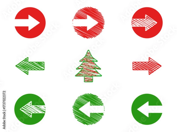 Obraz クリスマスカラーの矢印とツリーの手描き風アイコンセット