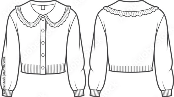 Fototapeta cad drawing flat vector illustration technical fashion design front and back women blouse template with scallop collar button and rib details