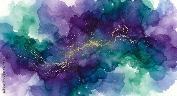 Fototapeta Abstract watercolor splash with purple green and gold glitter accents creating a cosmic galaxy effect