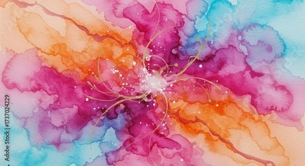 Fototapeta Vibrant abstract alcohol ink painting with swirling colors and delicate sparkles