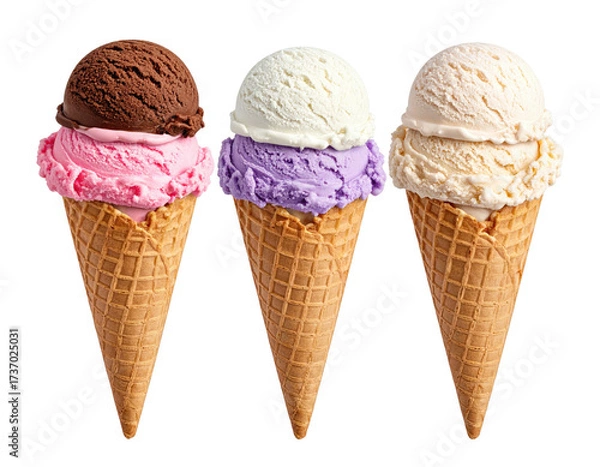 Fototapeta Three ice cream cones with scoops of different flavors