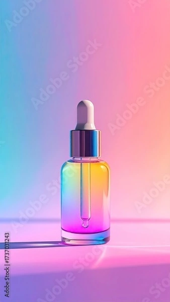 Fototapeta Iridescent serum bottle on bright, colorful surface