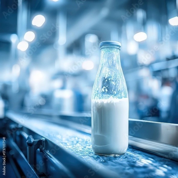 Fototapeta Milk Bottle On Conveyor Belt In Modern Dairy Processing Facility