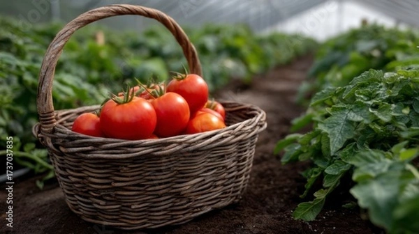 Fototapeta Harvesting fresh tomatoes in a lush greenhouse agriculture photography natural environment close-up view sustainable farming