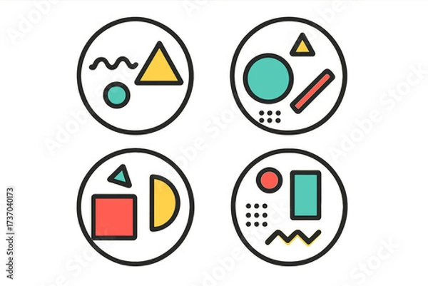 Fototapeta Set of circle icons with abstract geometric shapes in Memphis style. Vector illustration pack of retro 80s 90s design elements. Colorful modern minimalist symbols.