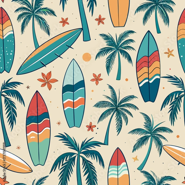 Obraz Hand drawn vector seamless pattern with surfboards, palm trees, ocean waves