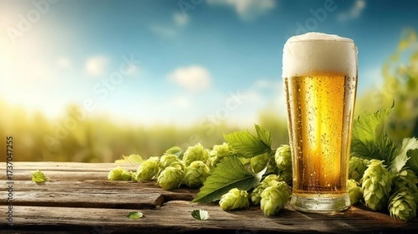 Fototapeta Refreshing Light Beer with Hop Cones on Wooden Table Outdoors
