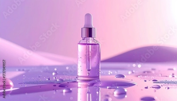 Fototapeta Dropper bottle, serum, pink liquid, glossy surface, serene