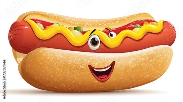 Obraz Cartoon hotdog with facial features, mustard hair, in a bun with relish and ketchup