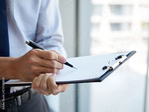 Fototapeta Professional Writing on Blank Paper of Clipboard in Office