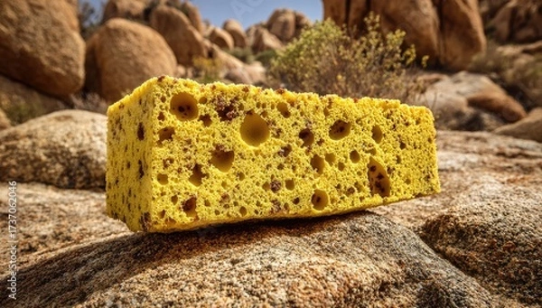 Obraz Yellow sponge resting on rough rocks