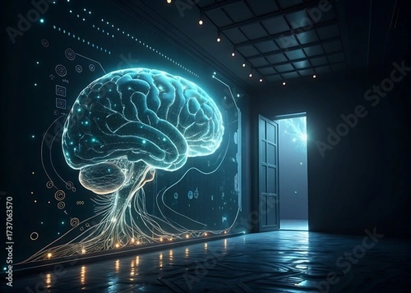 Fototapeta Futuristic digital brain illuminates a dark modern room