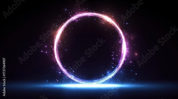 Fototapeta Glowing neon circle with pink and blue accents on a dark background with light effects