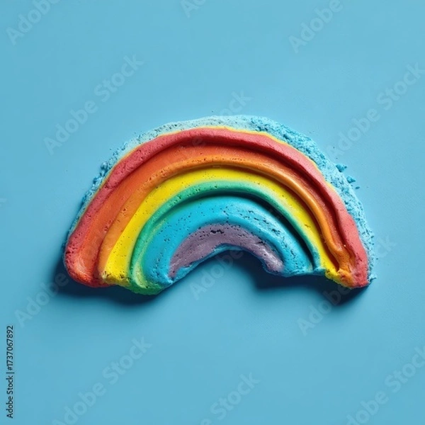 Fototapeta A whimsical rainbow-shaped confection sits atop a light blue, textured surface