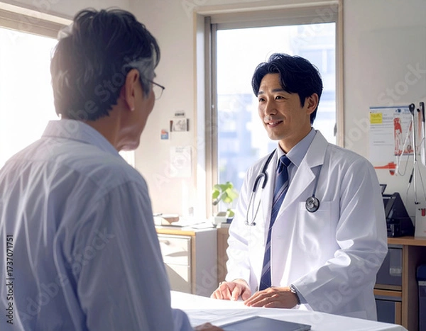 Fototapeta 町医者の男性医師と患者の会話