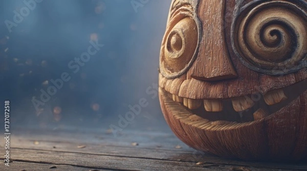 Fototapeta Whimsical Carved Pumpkin Decorated with Spirals on a Rustic Wooden Surface Surrounded by Mystical Fog and Gentle Lantern Light