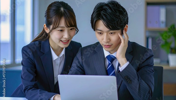 Fototapeta 後輩の男性社員に仕事を教える女性社員