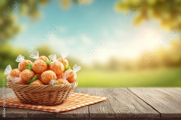 Fototapeta Colorful Candy Treats in a Wicker Basket on a Rustic Table with a Soft Blurred Nature Background in Warm Light