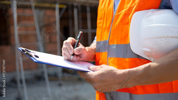 Fototapeta Supervisor Writing on Clipboard While Holding White Hard Hat