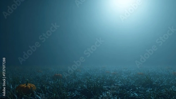 Fototapeta Ethereal Blue Fog Over Pumpkin Field with Green Grass and Mysterious Light in the Night Sky