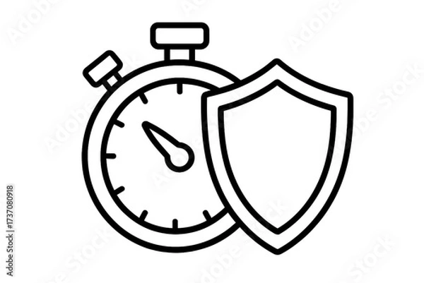 Obraz Time protection and security concept. Stopwatch with shield icon for warranty, guarantee, and safety. Fast defense, deadline management, and limited time protection symbol.