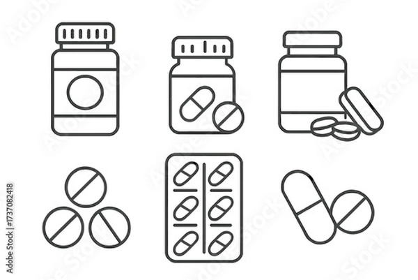 Obraz Medical pills thin line icon set. Pharmacy drug, tablet, capsule, vitamin bottle. Healthcare vector illustration. Medicine linear symbol pack editable stroke for web, apps.