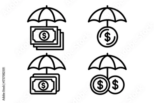 Obraz Money protection icon set for financial security and insurance. Umbrella over dollar cash and coins. Concept for savings, investment safety, wealth management, asset guarantee.