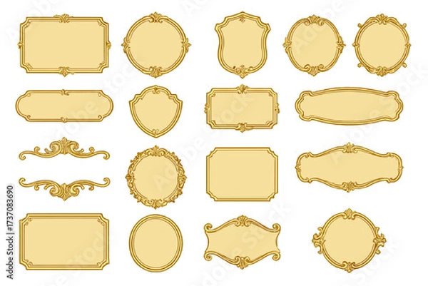 Fototapeta Big set of golden vintage ornamental frames. Luxury retro badge elements and classic labels. Vector illustration with elegant rococo and baroque borders for decoration.
