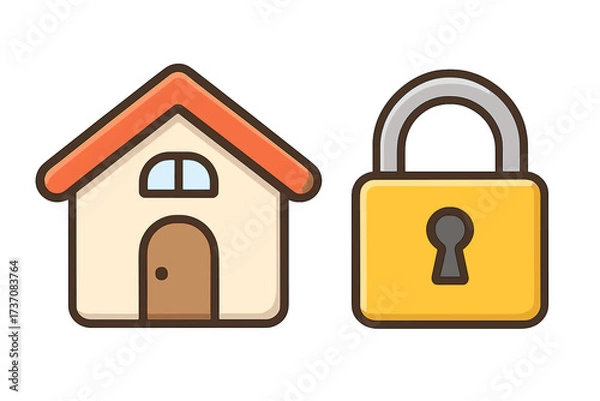 Fototapeta House security and home safety concept. Vector icon illustration of a simple cartoon house and padlock. For property protection, real estate, insurance, and smart home apps.