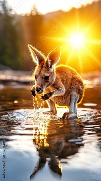Fototapeta Red Kangaroo Joey Drinking at Sunset.