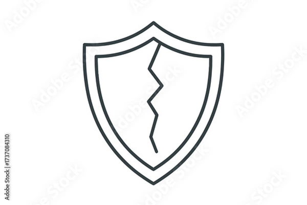 Fototapeta Cracked shield icon. Broken protection and security symbol. Unsafe, insecure, vulnerable concept. Data breach, cyber attack, risk, and failure metaphor. Vector line illustration.