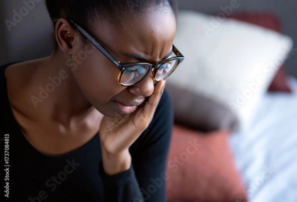 Fototapeta An African American woman in glasses shows signs of distress while sitting in a comfortable room filled with cushions. Her expression reveals depression and deep emotional concern. Generative AI.