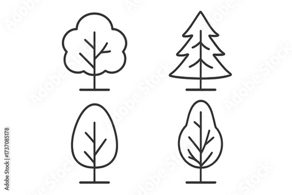 Fototapeta Simple linear tree outline collection with editable stroke, forest icons set for web design, apps, books, cards, vector cartoon illustrations, transparent background