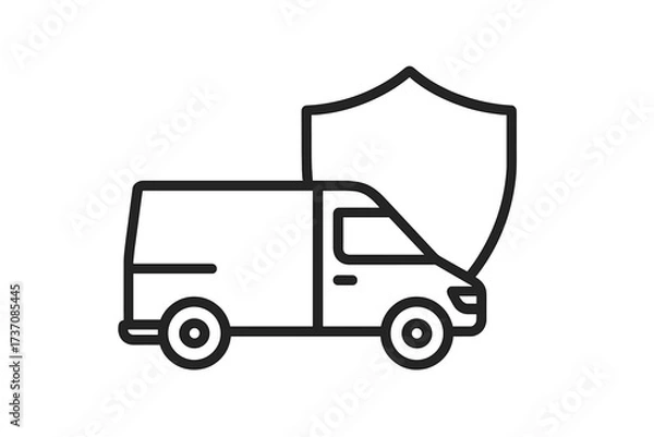 Fototapeta Minimalistic Van Truck with Shield Icon, Delivery Security Concept, Safety Protection Symbol, Linear Pictogram for Web Design, Apps, Banners, Social Media, Vector Illustration