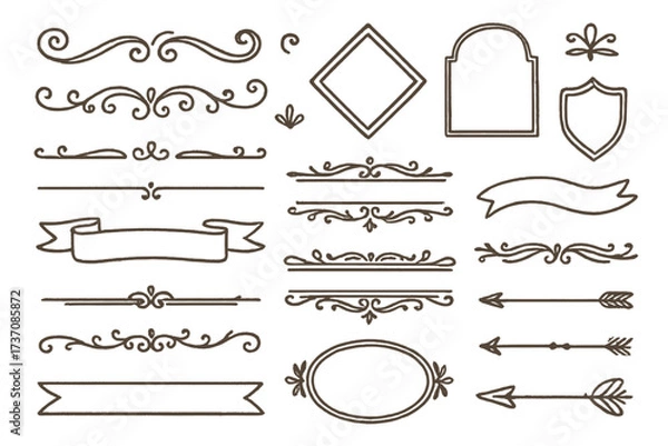 Fototapeta Hand drawn vintage design elements set. Collection of decorative dividers, frames, banners, arrows, and swirls. Retro calligraphic ornaments and line borders for decoration.