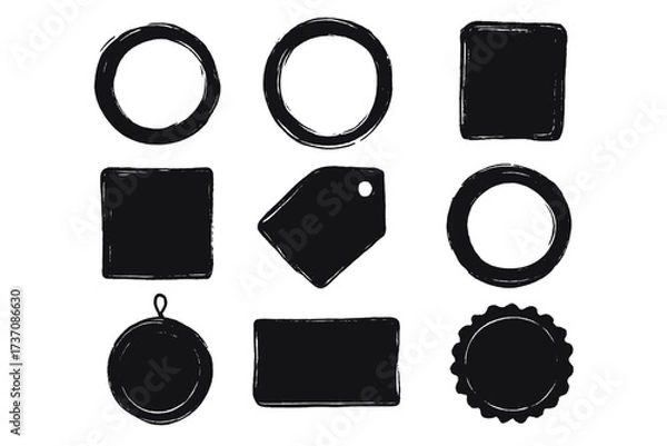 Fototapeta Set of grunge post stamps, sale tags, and shopping labels. Collection of round and square banners, boxes, frames for logos or icons. Hand-drawn brush circle vector set.