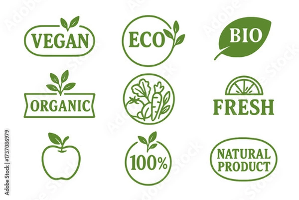 Fototapeta Set of vegan, eco, bio, and organic food labels. Collection of green logos and badges for fresh, healthy, 100% natural products. Vector icon emblems for food packaging.