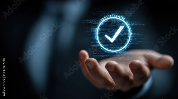 Fototapeta Businessman presenting glowing digital certificate icon for quality and compliance