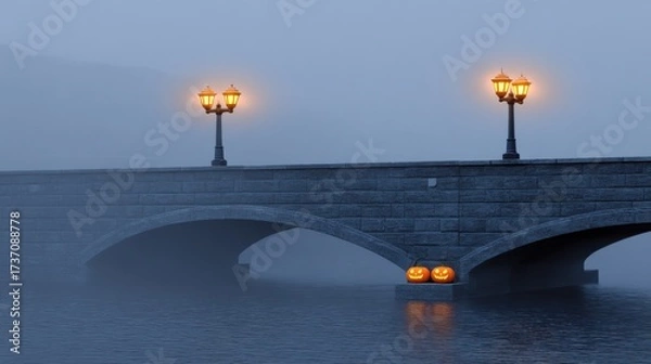 Fototapeta Misty Evening Bridge with Lanterns and Carved Pumpkins in Tranquil Water Scene