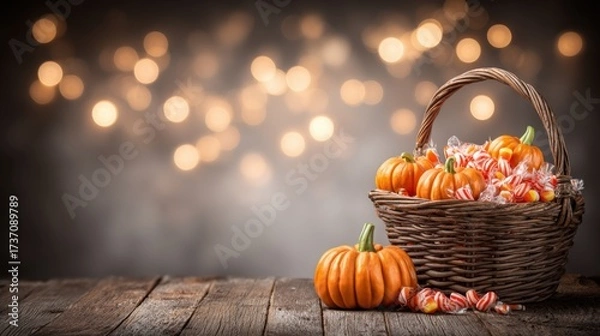Fototapeta Cozy Autumn Basket with Pumpkins and Candy on Rustic Wooden Table Surrounded by Soft Bokeh Lights for Fall Celebration
