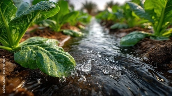 Fototapeta Green plants in an agricultural field being irrigated by flowing water, showing growth and freshness.
