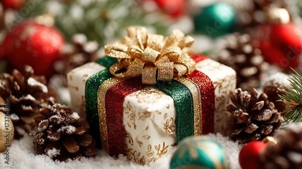 Fototapeta Festive christmas gift with golden bow and colorful ribbons nestled in snow with pinecones