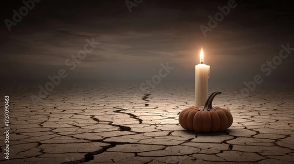 Fototapeta Candlelit Pumpkin on Cracked Earth Under Dark Stormy Skies, Symbolizing Isolation and Mystery in a Timeless Autumn Scene