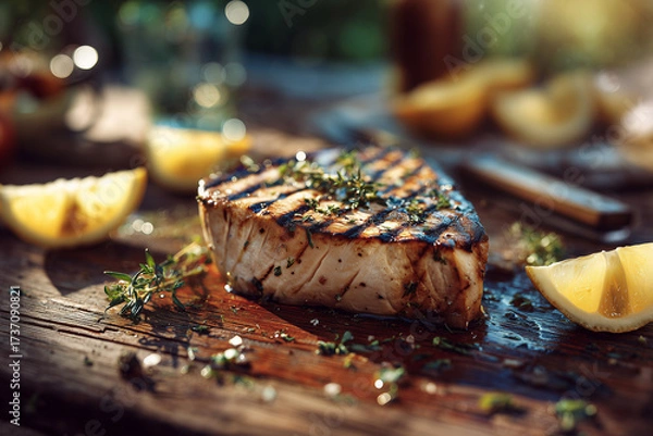Fototapeta Grilled Swordfish ultra-detailed hyper-realism served in a unique style