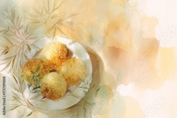 Fototapeta Hash Browns delicate watercolor painting Theme served in a unique style, detailed food presentation with authentic atmosphere, perfect for culinary stock photography.