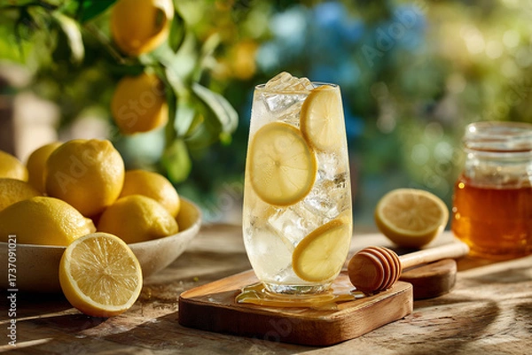 Fototapeta Honey Lemonade hyper-realistic drink served in a unique style, detailed food presentation with authentic atmosphere, perfect for culinary stock phot