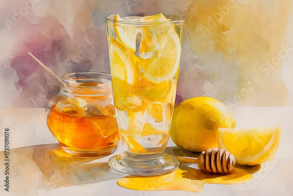 Fototapeta Honey Lemonade watercolor painting served in a unique style, detailed food presentation with authentic atmosphere, perfect for culinary stock phot